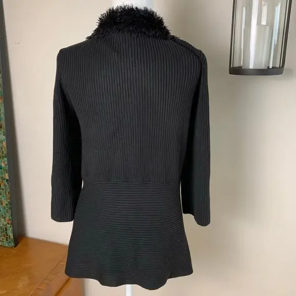 Vintage Lauren Michelle Black Ribbed Knit Cardigan Faux Fur Size L Soft & Cozy - Picture 5 of 9